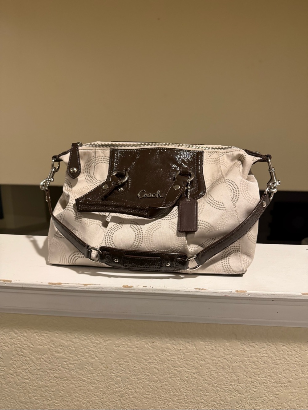 Coach Cream Canvas Shoulder Bag with Dark Brown Leather Trim